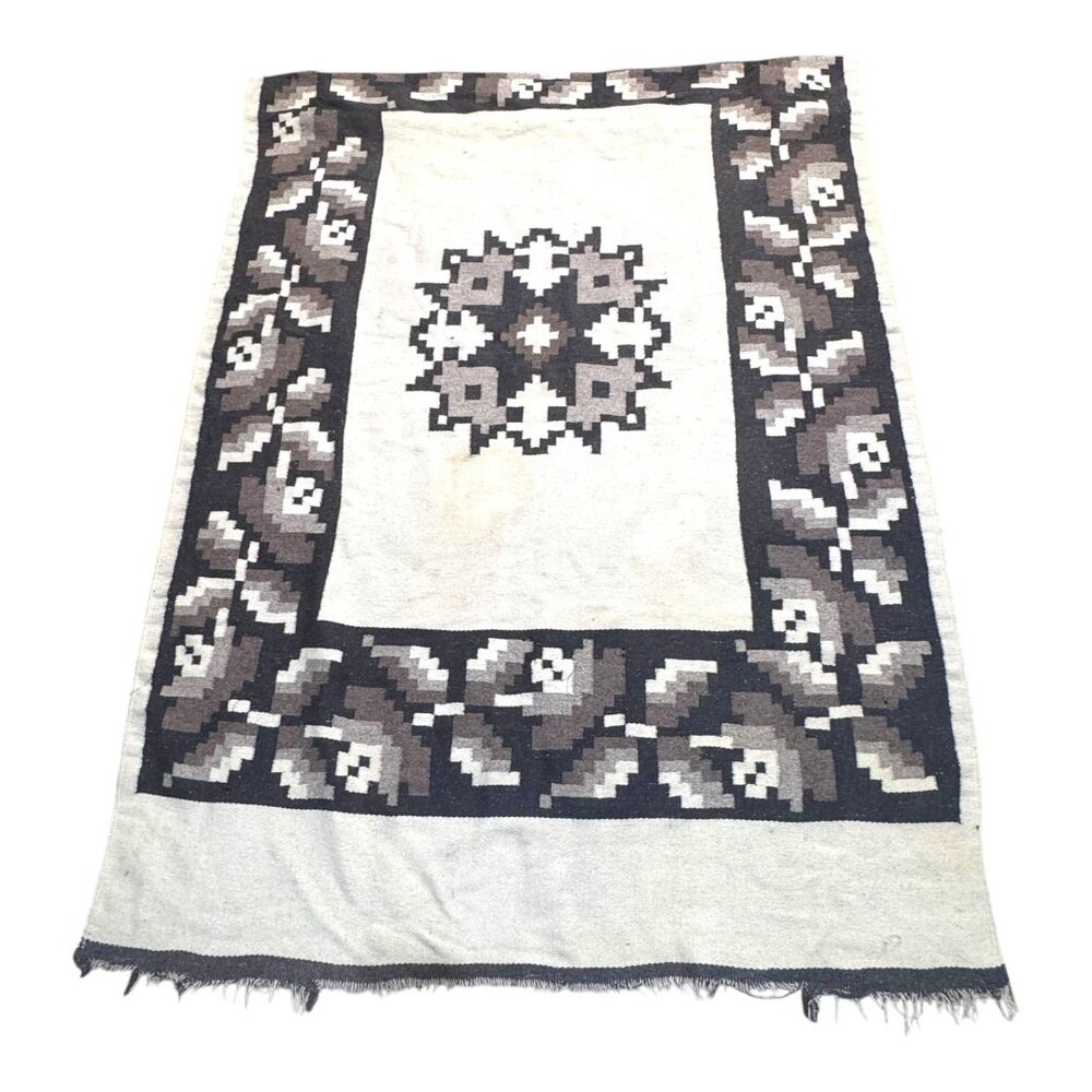 Vintage Handwoven Wool Throw Blanket Alpaca Geometric Floral Tribal Design READ